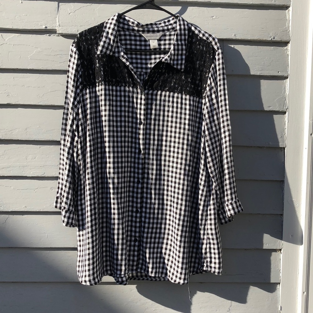 Christopher & Banks Black and White Blouse with Black Lace Inset Size XL